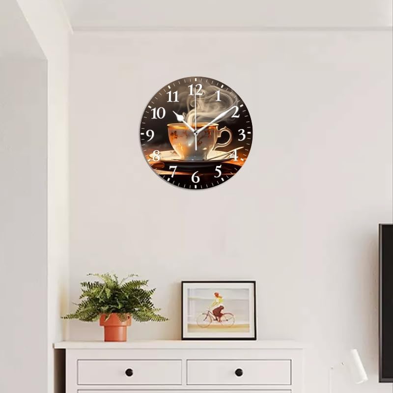 Coffee Wall Clock Non-Ticking Silent Clocks Battery Operated Analog Decor Clock for Home-Steaming Cup of Coffee On The Table(16inch)