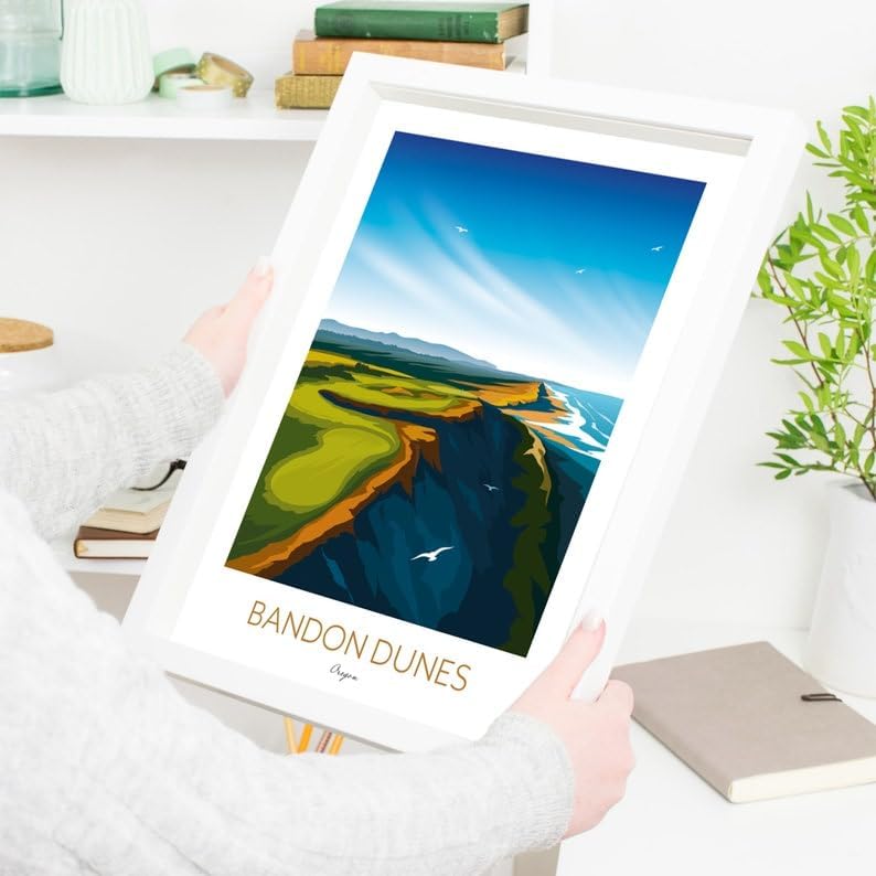 Nationcog Bandon Dunes Golf Print – Oregon; Bandon Dunes Golf Poster; Bandon Dunes Oregon Art; Coastal Golf Course Print; Golf Course Cliffside Illustration (Unframed) (20x30)