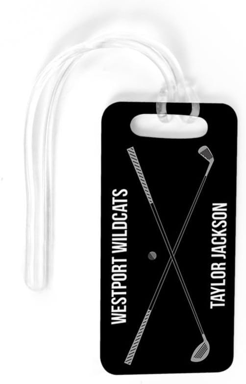 ChalkTalkSPORTS Golf Luggage & Bag Tag | Personalized Crossed Golf Clubs | Standard Lines on Back | Small | Black/Gray
