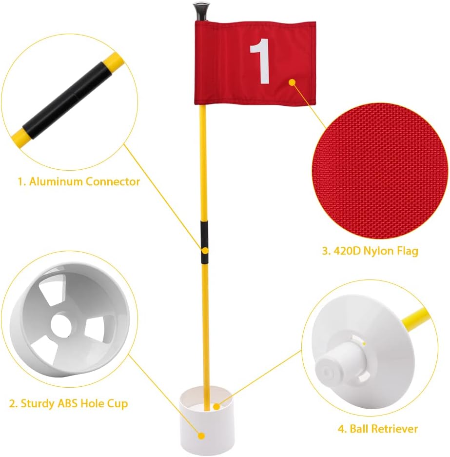 KINGTOP Mini Golf Flagstick with LED Hole Light, Practice Putting Green Flags for Yard, Golf Pin Flag Hole Cup Set, Light Up Night Golf Party