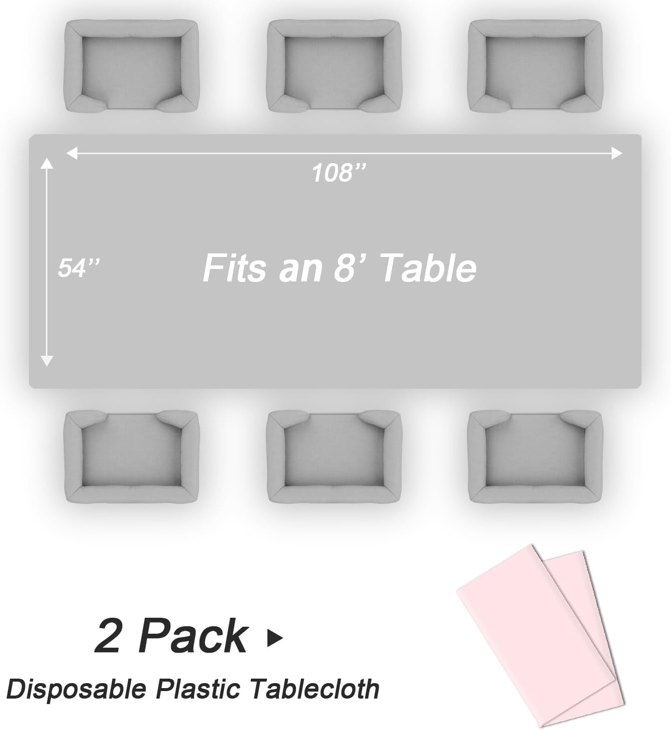 QIKSION Plastic Table Cloth Disposable 2 Pack, 54 x 108 Inch Tablecloths for Rectangle Tables, Pink Plastic Table Cover