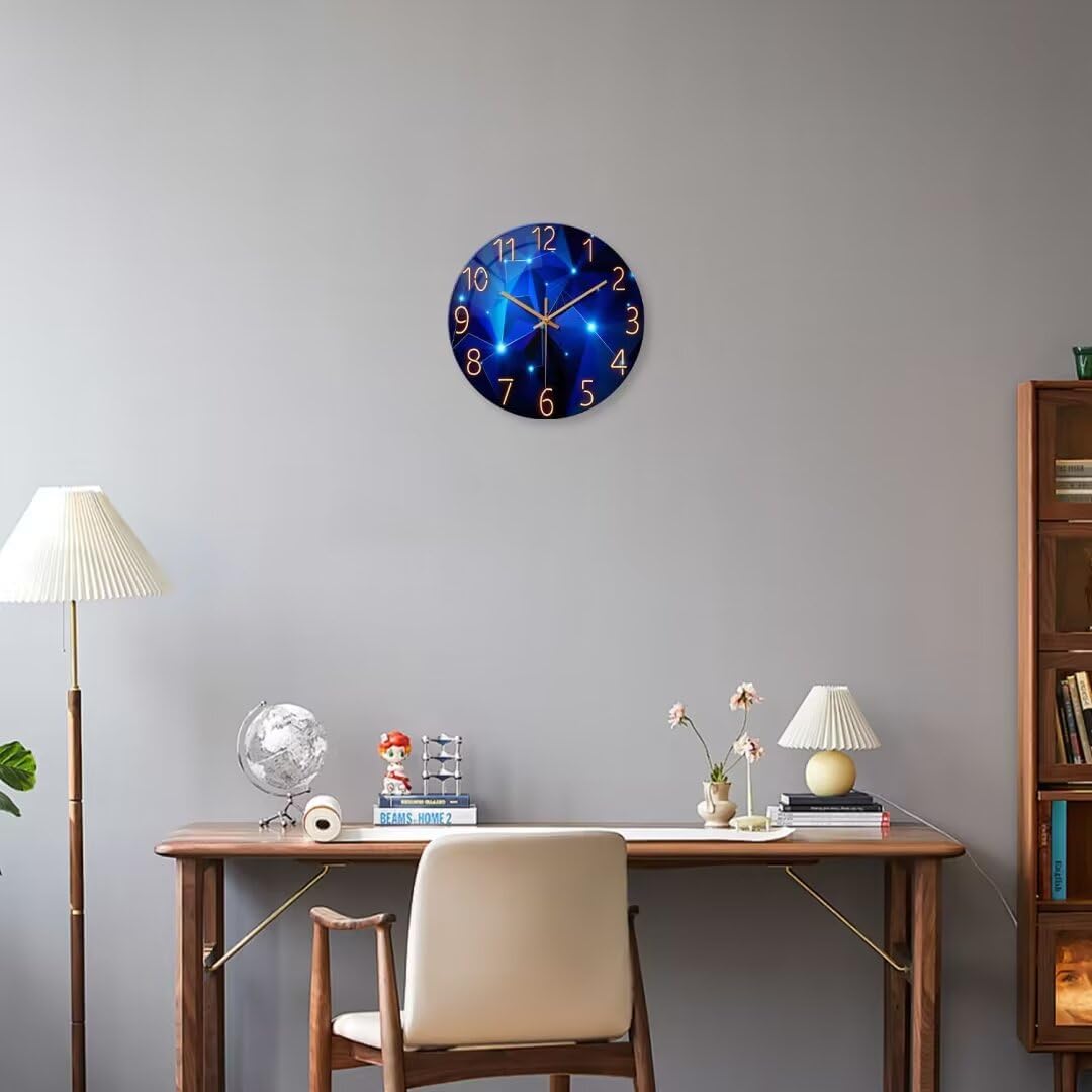 Blue Wall Clock Battery Operated 14 Inch Modern Wall Clock Non Ticking Glass Clock for Living Room