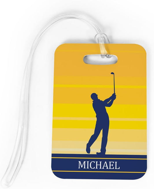 ChalkTalkSPORTS Golf Luggage & Bag Tag | Personalized Male Golfer | Standard Lines on Back | Medium | Yellow