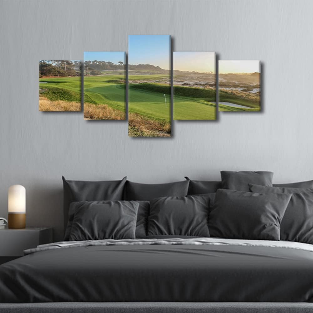5 Panels American California Wall Art Spyglass Hill Golf Course Scenery Paintings Wall Art Canvas Prints Poster Gallery Wrap Modern Golf Wall Decor for Home Office Framed Ready to Hang - 50"W x 24"H