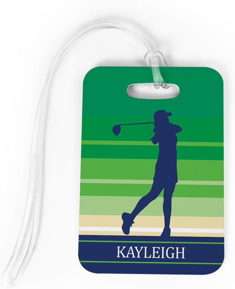 ChalkTalkSPORTS Golf Luggage & Bag Tag | Personalized Female Golfer | Standard Lines on Back | Medium | Green