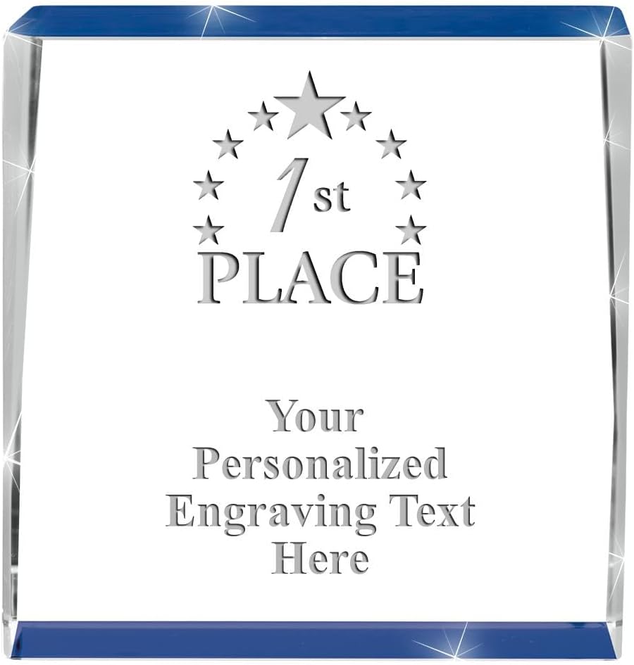 Crown Awards Customizable Crystal Trophy, 4" Engraved Blue Spotlight Crystal Award