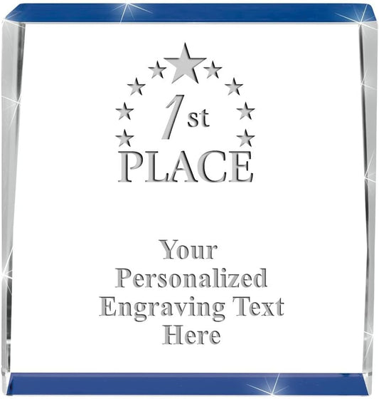 Crown Awards Customizable Crystal Trophy, 4" Engraved Blue Spotlight Crystal Award