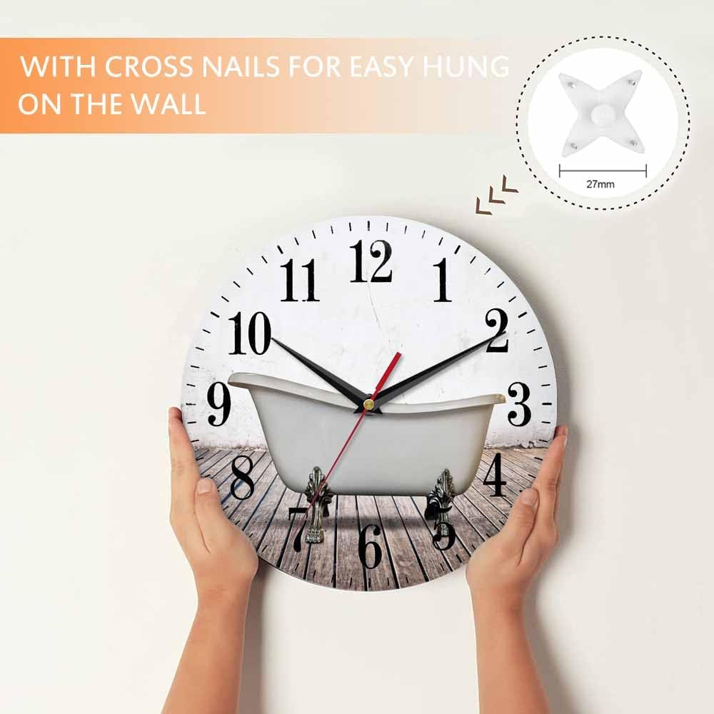 Mxocom Vintage Bathtub Wall Clock Bathroom White Old Wall Wood Floor 10 Inch Silent Non Ticking Battery Operated Clock Vintage Round Clock for Living Room Bedroom Bathroom Office Decor