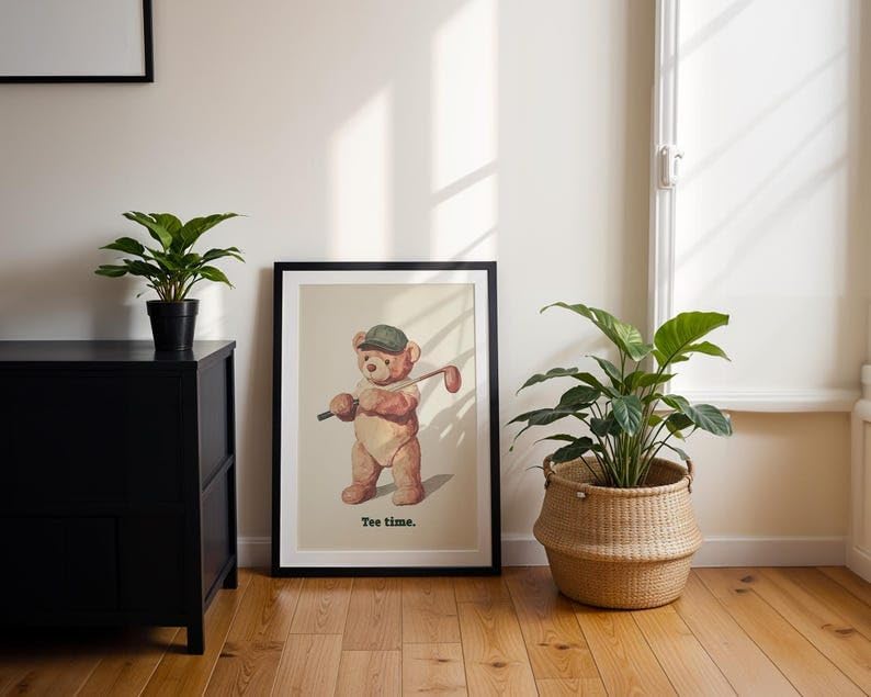 Nationcog Vintage Golf Teddy Bear Wall Art, Retro Watercolor Sports Print for Nursery, Kids Bedroom or Playroom Decor, Cute Golfer Artwork for Baby Boy (Unframed) (24x36)