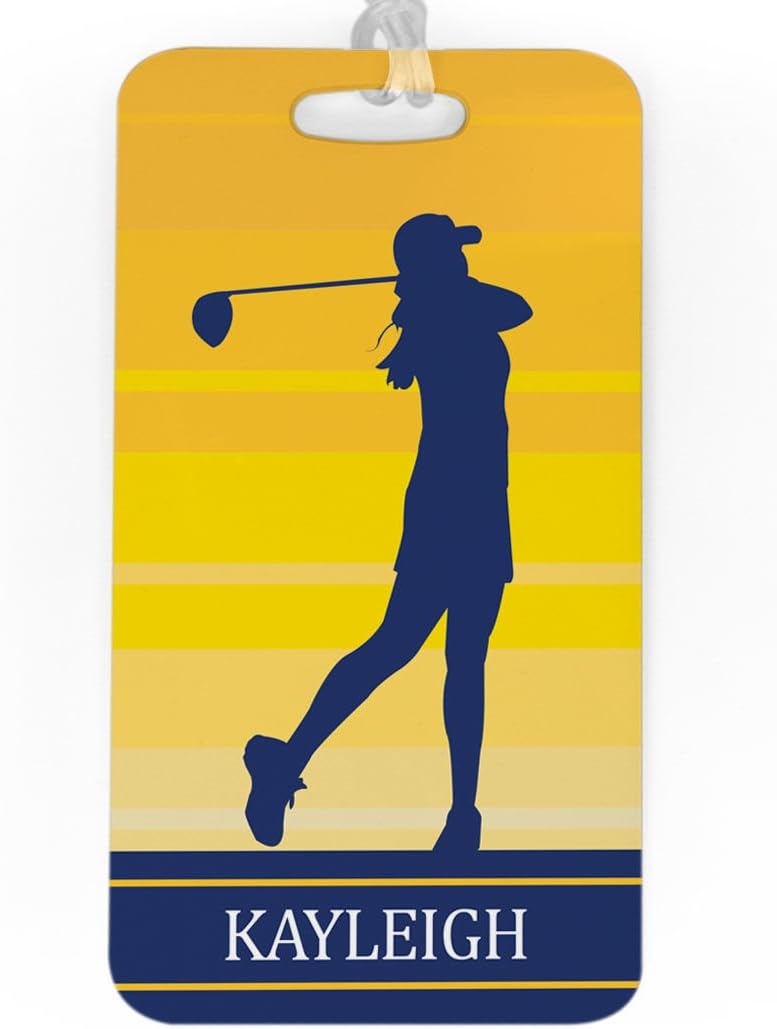 ChalkTalkSPORTS Golf Luggage & Bag Tag | Personalized Female Golfer | Standard Lines on Back | Large | Yellow