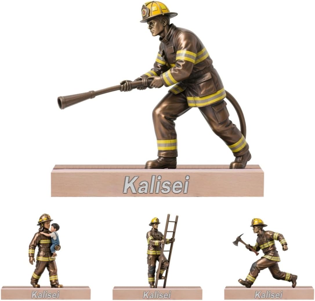 Personalized Fireman Desktop Ornament Sign Custom Firefighter Name Desk Sign Art Flat Plaque with Wooden Base for Home Desk Decor Plaque Gifts for Firefighter Dad Birthday Christmas from Kids