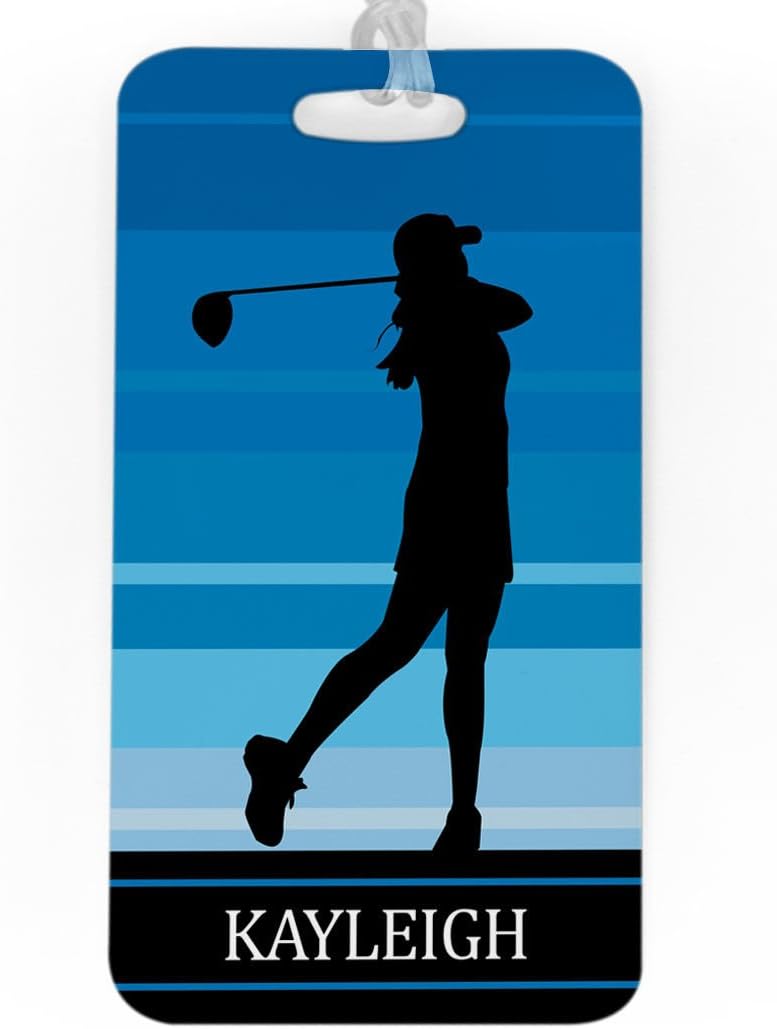 ChalkTalkSPORTS Golf Luggage & Bag Tag | Personalized Female Golfer | Standard Lines on Back | Large | Blue