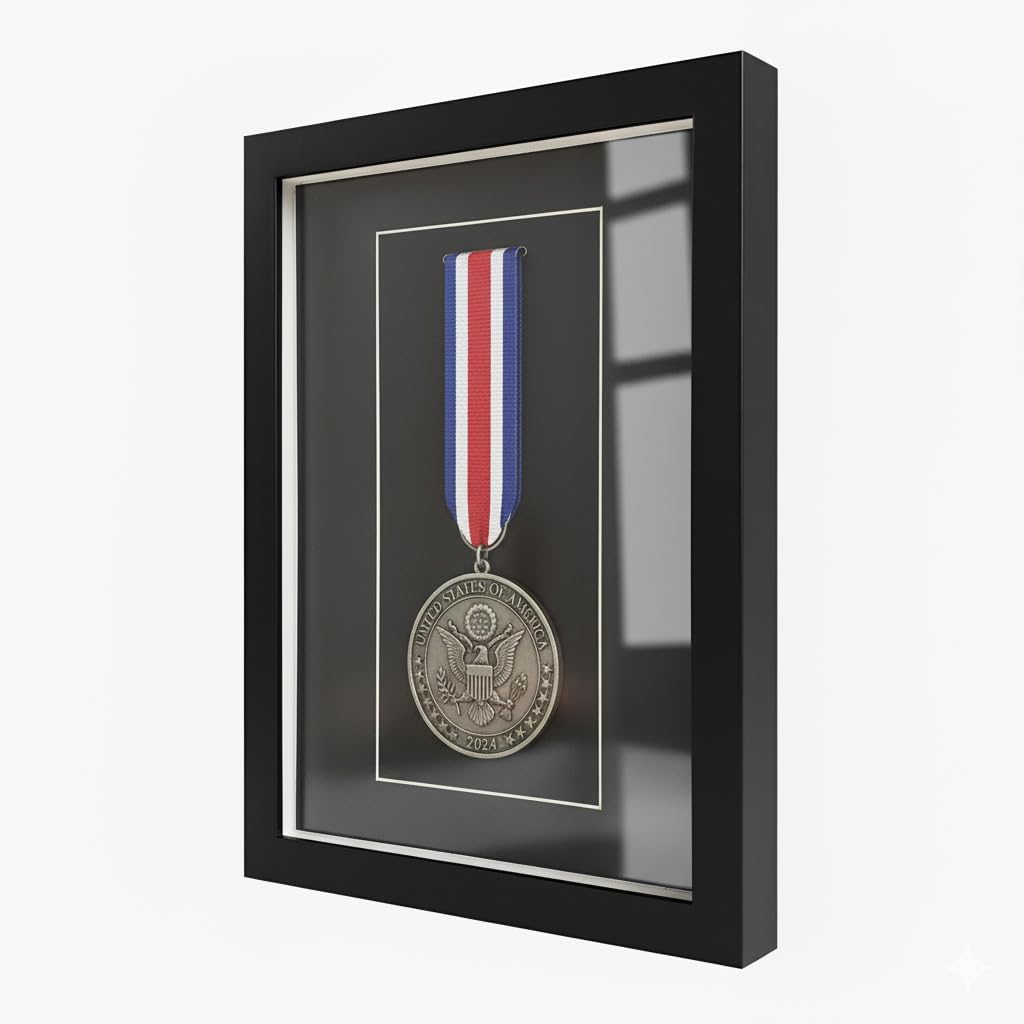 Black Solid Wood Medal Display Case – Shadow Box for Military Medals, Sports Awards, Badges, Certificates & Photos – Wall Mounted or Desktop Glass Frame
