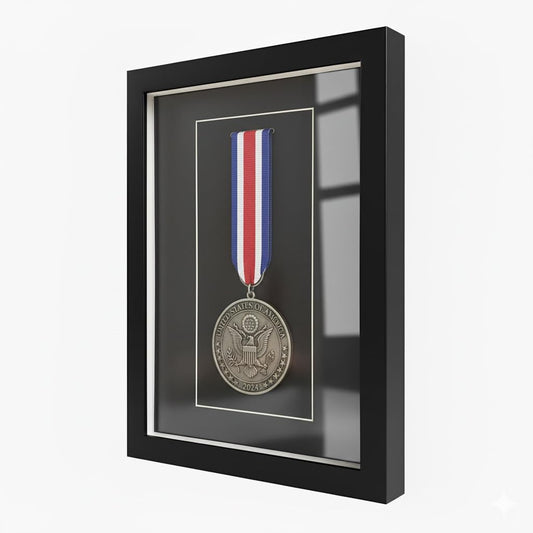 Black Solid Wood Medal Display Case – Shadow Box for Military Medals, Sports Awards, Badges, Certificates & Photos – Wall Mounted or Desktop Glass Frame