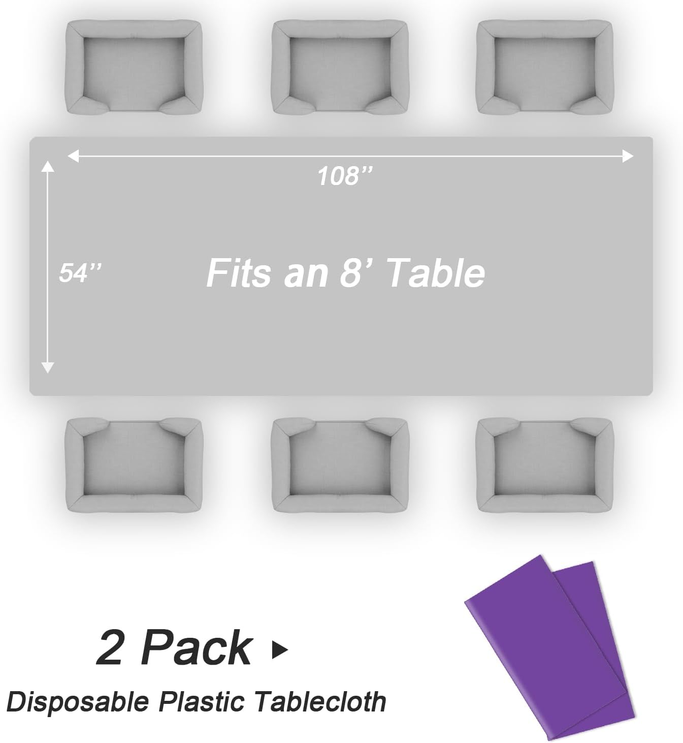 QIKSION Plastic Table Cloth Disposable 2 Pack, 54 x 108 Inch Tablecloths for Rectangle Tables, Purple Plastic Table Cover