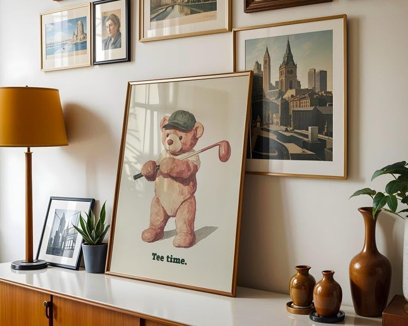 Nationcog Vintage Golf Teddy Bear Wall Art, Retro Watercolor Sports Print for Nursery, Kids Bedroom or Playroom Decor, Cute Golfer Artwork for Baby Boy (Unframed) (9x11)