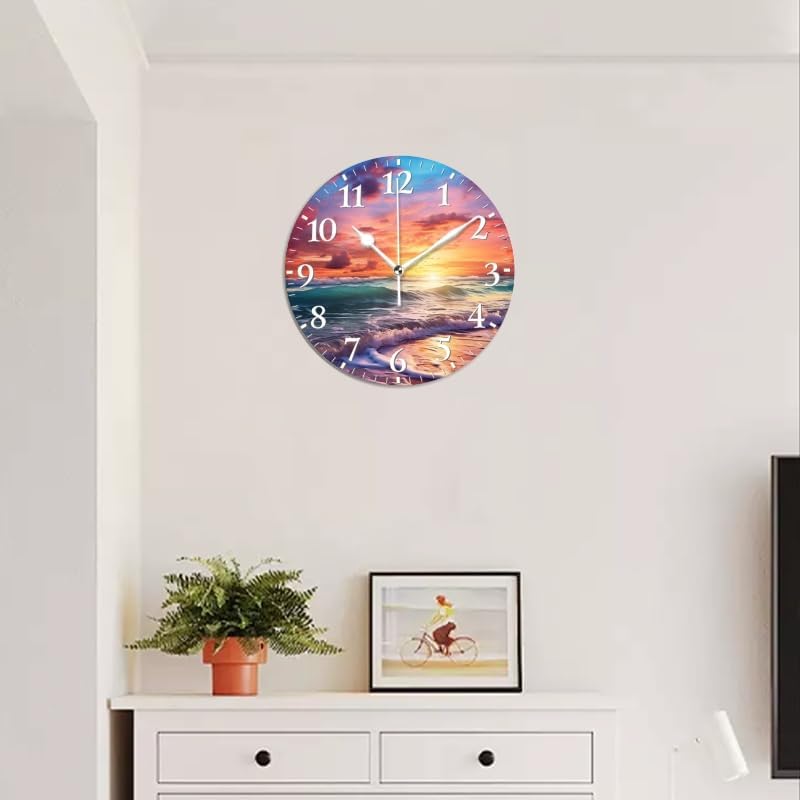 Beach Wall Clock Non-Ticking Silent Clocks Battery Operated Analog Decor Clock for Home-Beautiful Beach Sunset with Colorful Clouds and Waves(12inch)