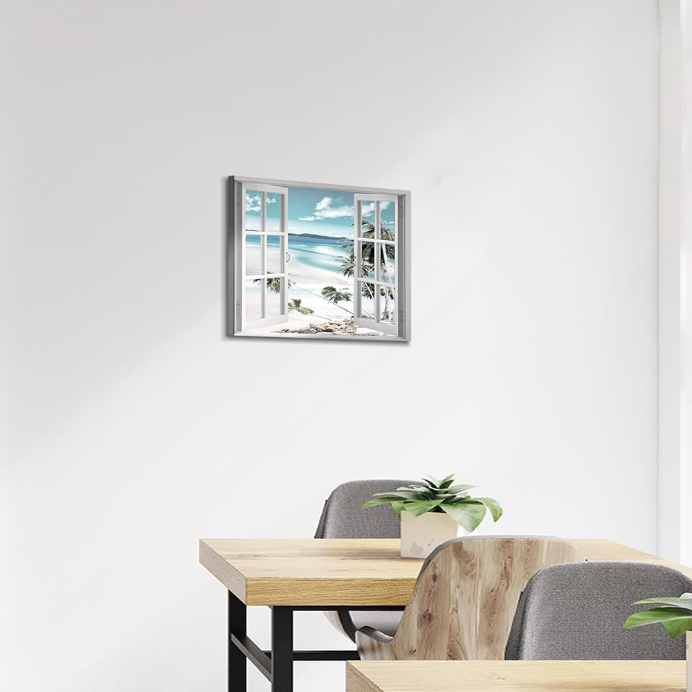 Canvas Windows Picture Wall Art: Beach with Light Blue Coastal Palm Graphic Artwork Print on Canvas Artwork for Living Room (24” x 36” x 1 Panel)