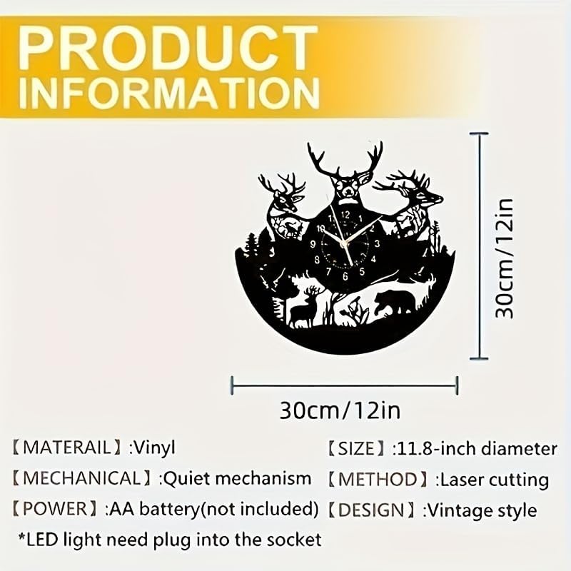 1pc Vinyl Wall Clock -Deer Pattern Wall Decor Silent Clock - 12 Inch Farm Theme Wall Art Black Retro Room Decor