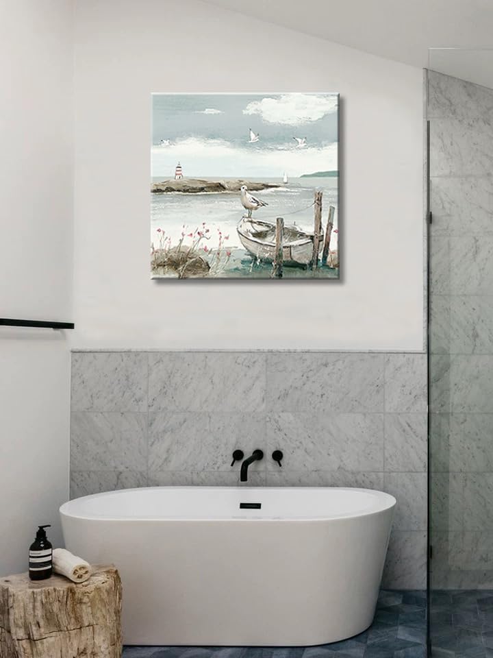 dgbtcart Bathroom Vintage Decor Beach Wall Art Ocean Theme Coastal Picture Canvas Print Sea Birds Seagull Seascape Artwork Hanging for Dining Office Living Room Bedroom 14"x14"inch