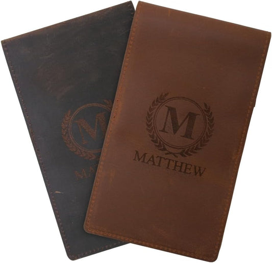 Custom Golf Scorecard Holder Yardage Book - Engraved Crazy Horse Leather, Unique Patina Texture, Personalized Golf Gift for Men Women
