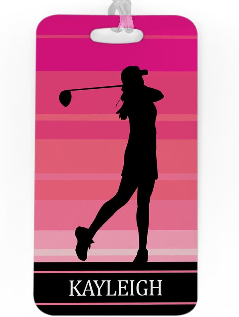 ChalkTalkSPORTS Golf Luggage & Bag Tag | Personalized Female Golfer | Standard Lines on Back | Large | Pink