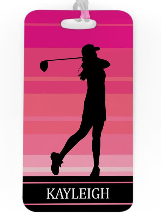 ChalkTalkSPORTS Golf Luggage & Bag Tag | Personalized Female Golfer | Standard Lines on Back | Large | Pink