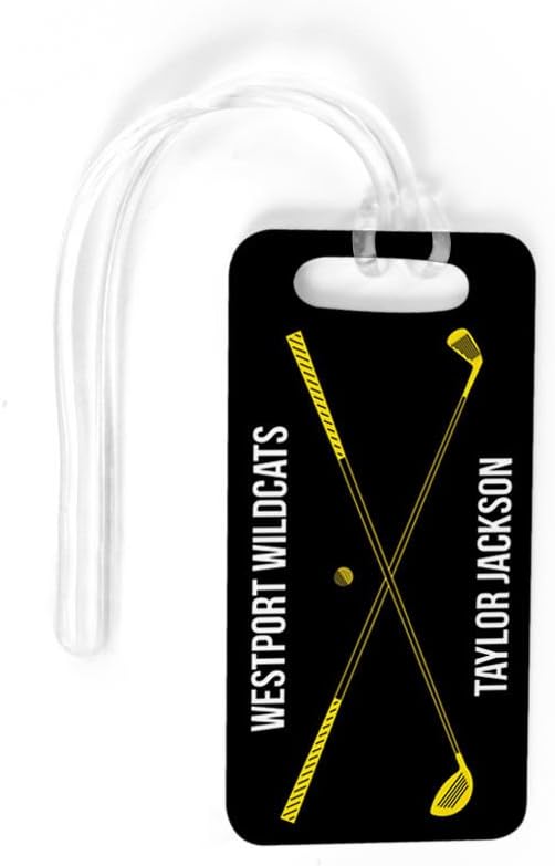 ChalkTalkSPORTS Golf Luggage & Bag Tag | Personalized Crossed Golf Clubs | Standard Lines on Back | Small | Black/Yellow