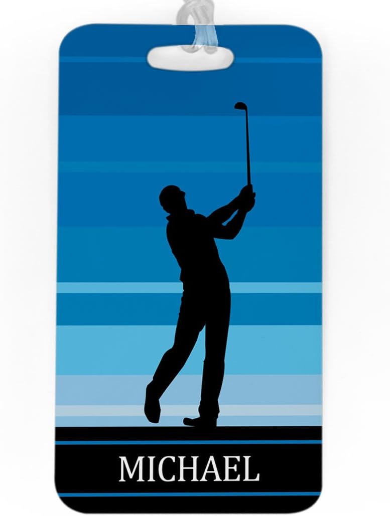 ChalkTalkSPORTS Golf Luggage & Bag Tag | Personalized Male Golfer | Standard Lines on Back | Large | Blue