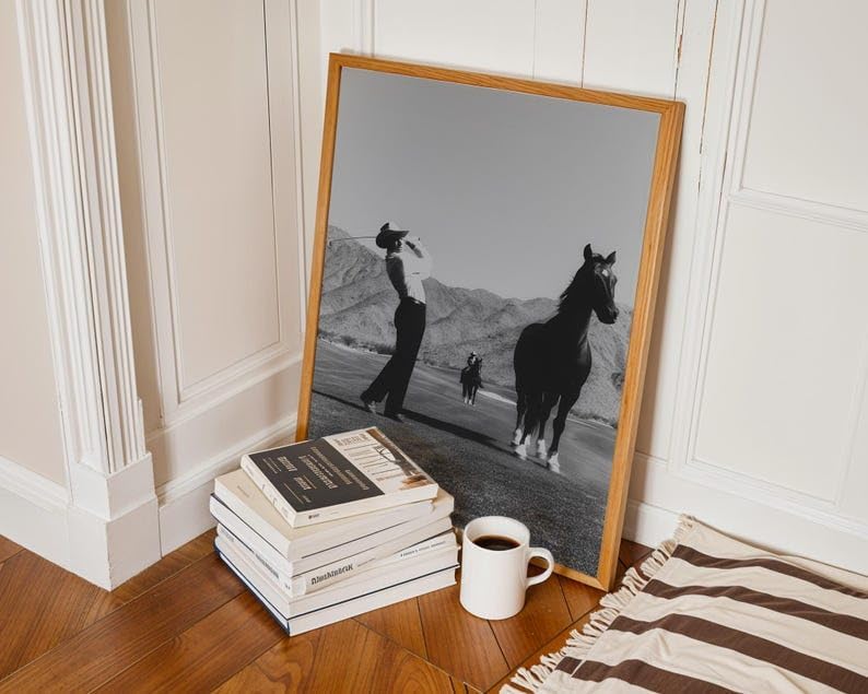 Nationcog Vintage Western Cowboy Golf Wall Art, Retro Black and White Sports Photography Print for Bar or Office Decor, Rustic Golfer Artwork for Country Homes (Unframed) (12x18)