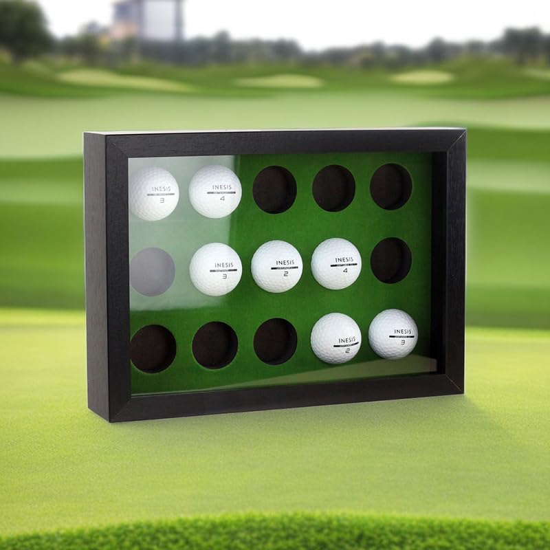 Golf Balls Display Case for 15 Balls, Wooden Case with Acrylic Dust UV Cover, Wall Mount and Freestanding Shadow Box for Glofball Collector Green
