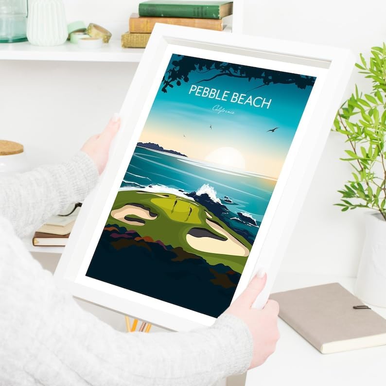 Nationcog Pebble Beach, California Golf Print - US Open Golf Travel Poster, Pebble Beach Golf Poster, California Golf Course Art, Scenic Ocean Golf Print, Luxury Golf Resort Decor (Unframed) (16x24)