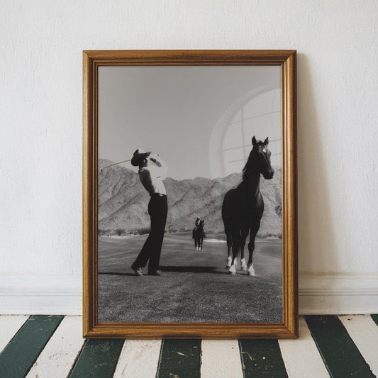 Nationcog Vintage Western Cowboy Golf Wall Art, Retro Black and White Sports Photography Print for Bar or Office Decor, Rustic Golfer Artwork for Country Homes (Unframed) (12x18)