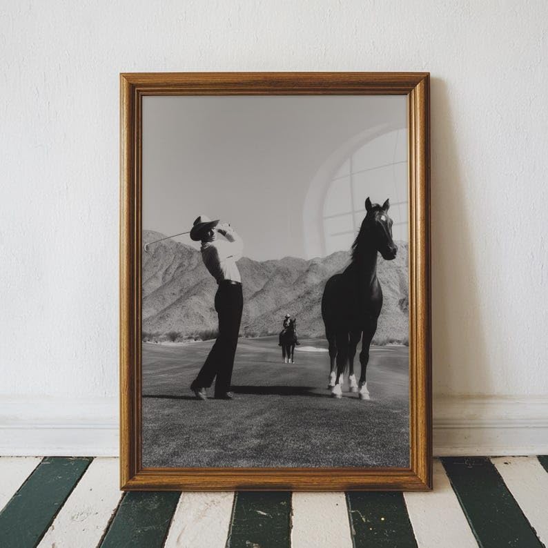 Nationcog Vintage Western Cowboy Golf Wall Art, Retro Black and White Sports Photography Print for Bar or Office Decor, Rustic Golfer Artwork for Country Homes (Unframed) (16x24)