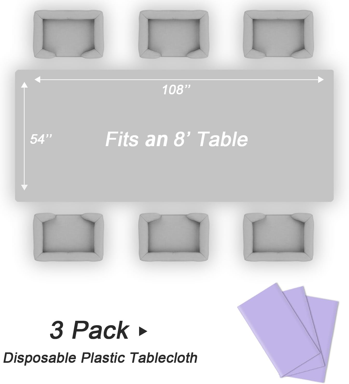 QIKSION Plastic Table Cloth Disposable 3 Pack, 54 x 108 Inch Tablecloths for Rectangle Tables, Lavender Plastic Table Cover