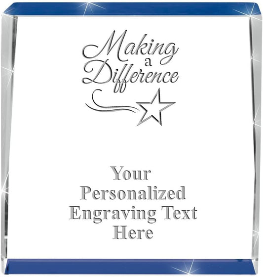 Crown Awards Customizable Crystal Trophy, 4" Engraved Blue Spotlight Crystal Award