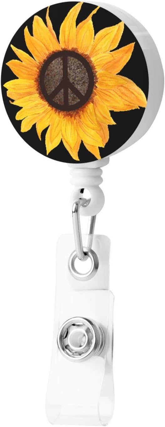 Peace Sign Sunflower Flower Badge Reels Retractable Badge Holder with Clip for Id Name Tag Office Worker Student Teacher Nurse Doctor