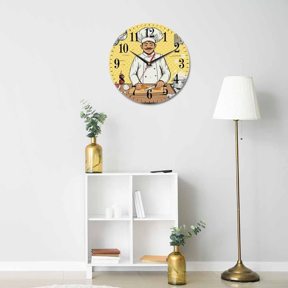 Mxocom Comic Chef Cooks Wall Clock Food Pop Kitchen Art Style 10 Inch Silent Non Ticking Battery Operated Clock Vintage Round Clock for Living Room Bedroom Bathroom Office Decor