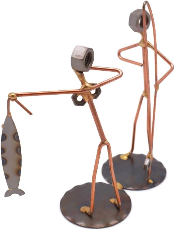 Fisherman with Wife Collectible Handmade Metal Art Figurine, Desk Accessories, Trophy, Boss Gift, Office Décor, Outdoor Sports, Fishing