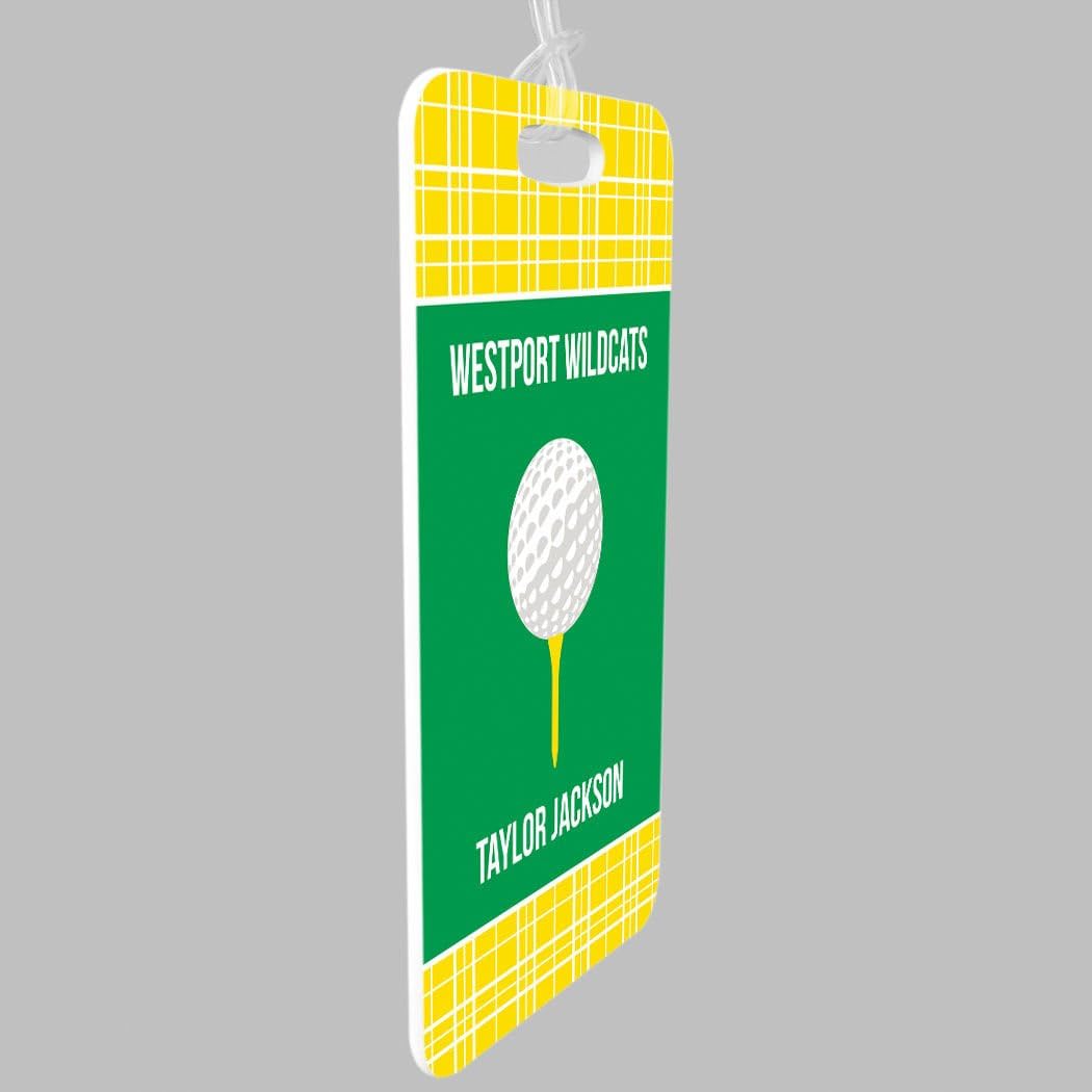 ChalkTalkSPORTS Golf Luggage & Bag Tag | Personalized Team with Golf Ball | Standard Lines on Back | Small | Yellow/Green