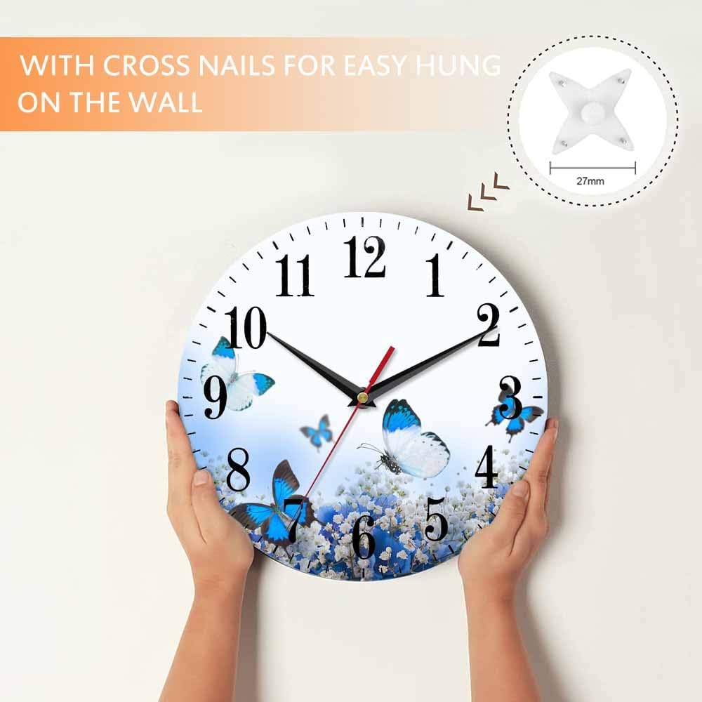 Mxocom Flower Bouquet Wall Clock Butterfly and Blue White Hydrangeas 10 Inch Silent Non Ticking Battery Operated Clock Vintage Round Clock for Living Room Bedroom Bathroom Office Decor