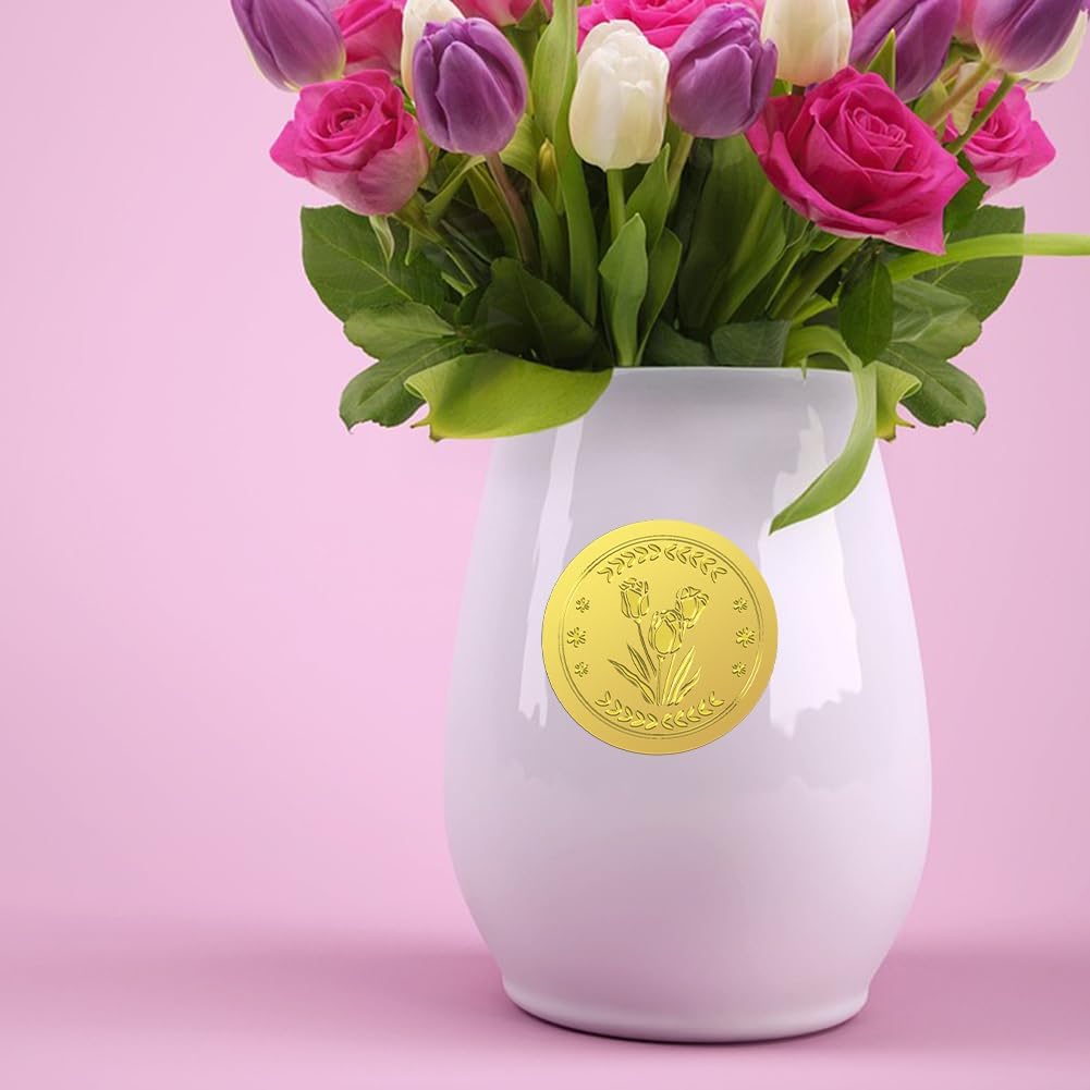 Peacoblue Gold Foil Stickers Seals Embossed 2 Inch 100Pcs Tulips, Self Adhesive Gold Around Embossing Sticker for Certificate Paper Envelope Seal Gift Card Present Decoration