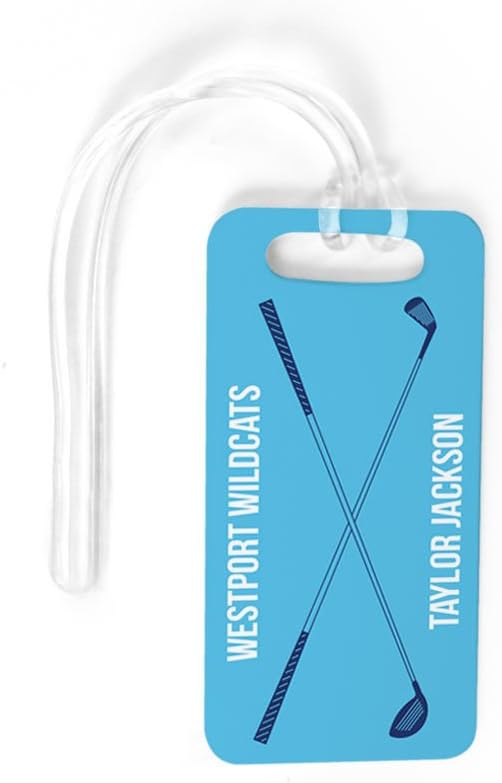 ChalkTalkSPORTS Golf Luggage & Bag Tag | Personalized Crossed Golf Clubs | Standard Lines on Back | Small | Carolina/Navy