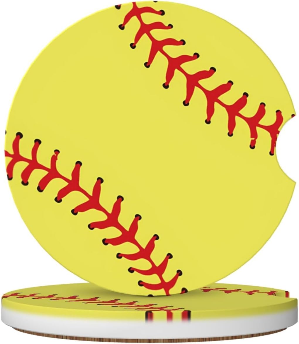 Car Cup Holder Coasters, Softball Ball Car Coasters for Cup Holder Drinks, 2 Pack Ceramic Cute Auto Interior Accessories for Women Men