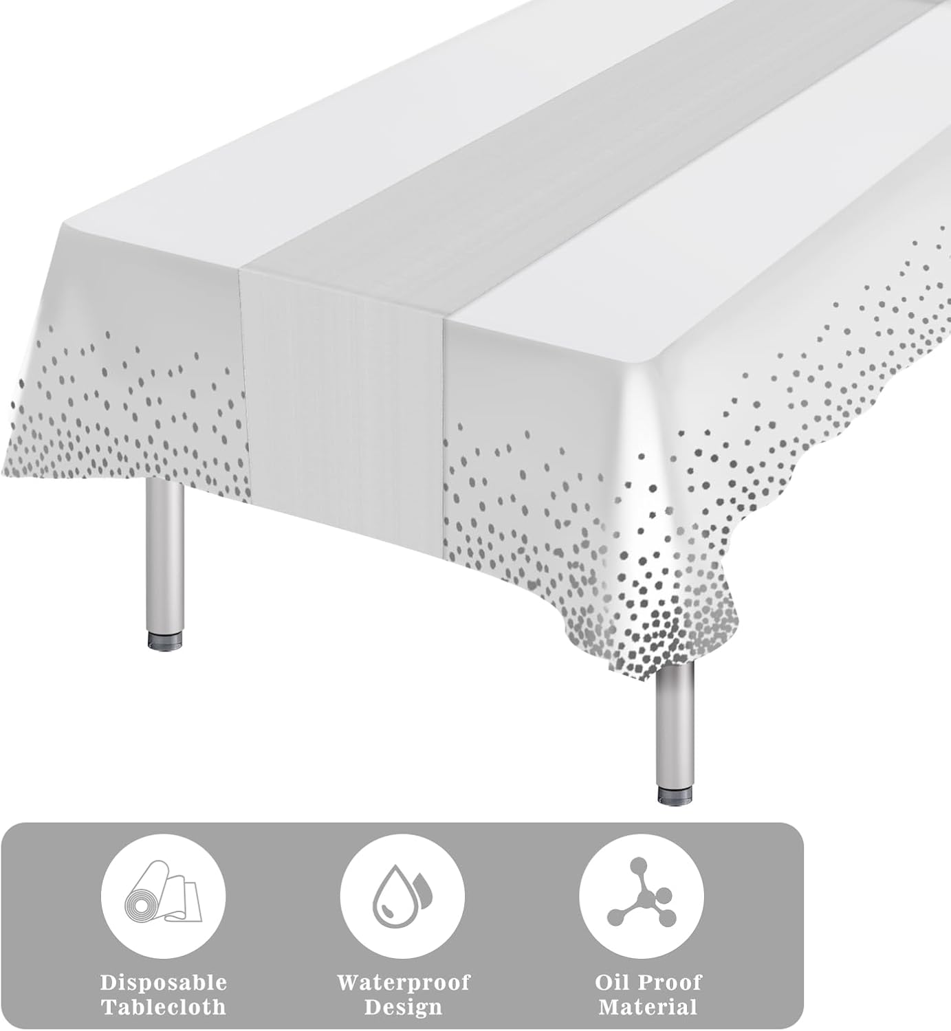 8 Packs Plastic Table Cloth Rectangle Table Disposable and Satin Table Runner, White and Silver Tablecloth Table Runner Cover for Baby Shower Birthday Wedding Anniversary Engagement Party Decorations