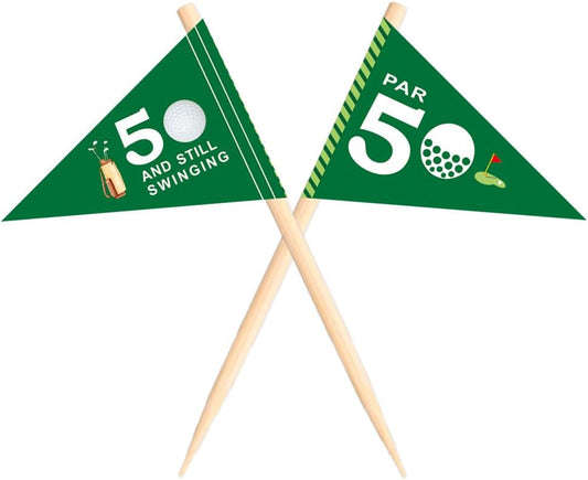 Golf Themed Toothpick Flags, 20 PCS Par 50 And Still Swinging Birthday Golf Cocktail Picks Mini Stick Cupcake Toppers Flags for Par 50 Golf 50th Birthday Party Food Bar Decorations (Par 50)