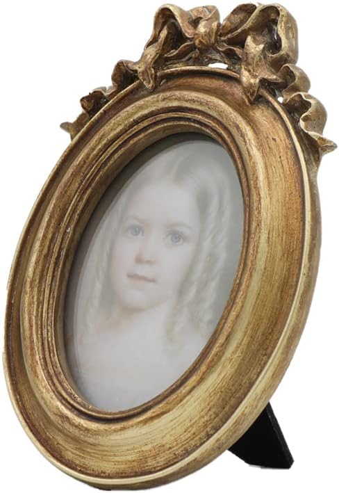 SYLVIA'S SHOP Small Vintage 2.5x3.5 Oval Picture Frame, Mini Antique Ornate Photo Frame, Table Top Display and Wall Hanging Home Decor, Old Fashioned Photo Gallery Art Deco, Bronze Gold