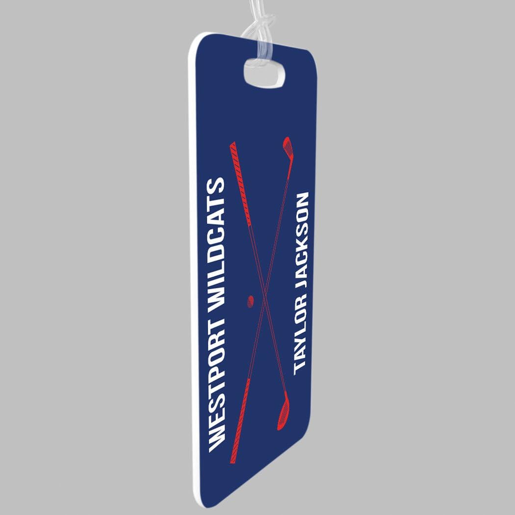 ChalkTalkSPORTS Golf Luggage & Bag Tag | Personalized Crossed Golf Clubs | Standard Lines on Back | Small | Navy/Red