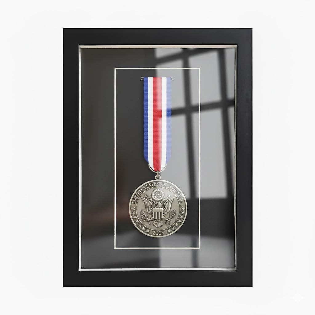 Black Solid Wood Medal Display Case – Shadow Box for Military Medals, Sports Awards, Badges, Certificates & Photos – Wall Mounted or Desktop Glass Frame
