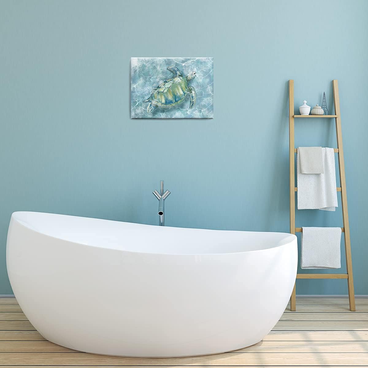 YJYart Bathroom Wall Decor Sea Turtle HD Pictures Print on Canvas Wall Art for Bedroom Kitchen Blue Coastal Room Decorations Art Work Green Turtle on Blue 12x16 inches